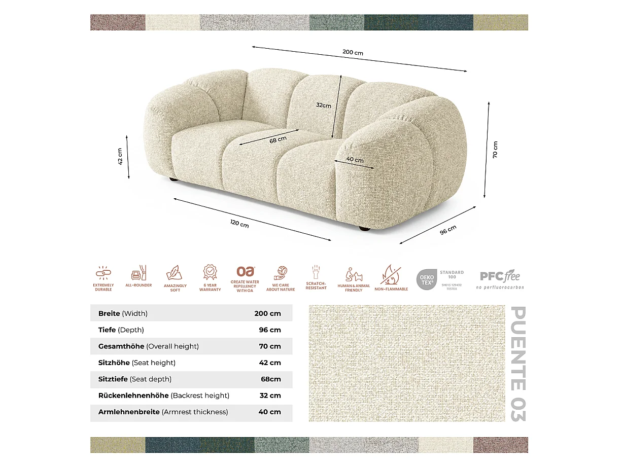 Canapé 2 places capitonné en tissu bouclé blanc cassé 200 cm - MALI 2S