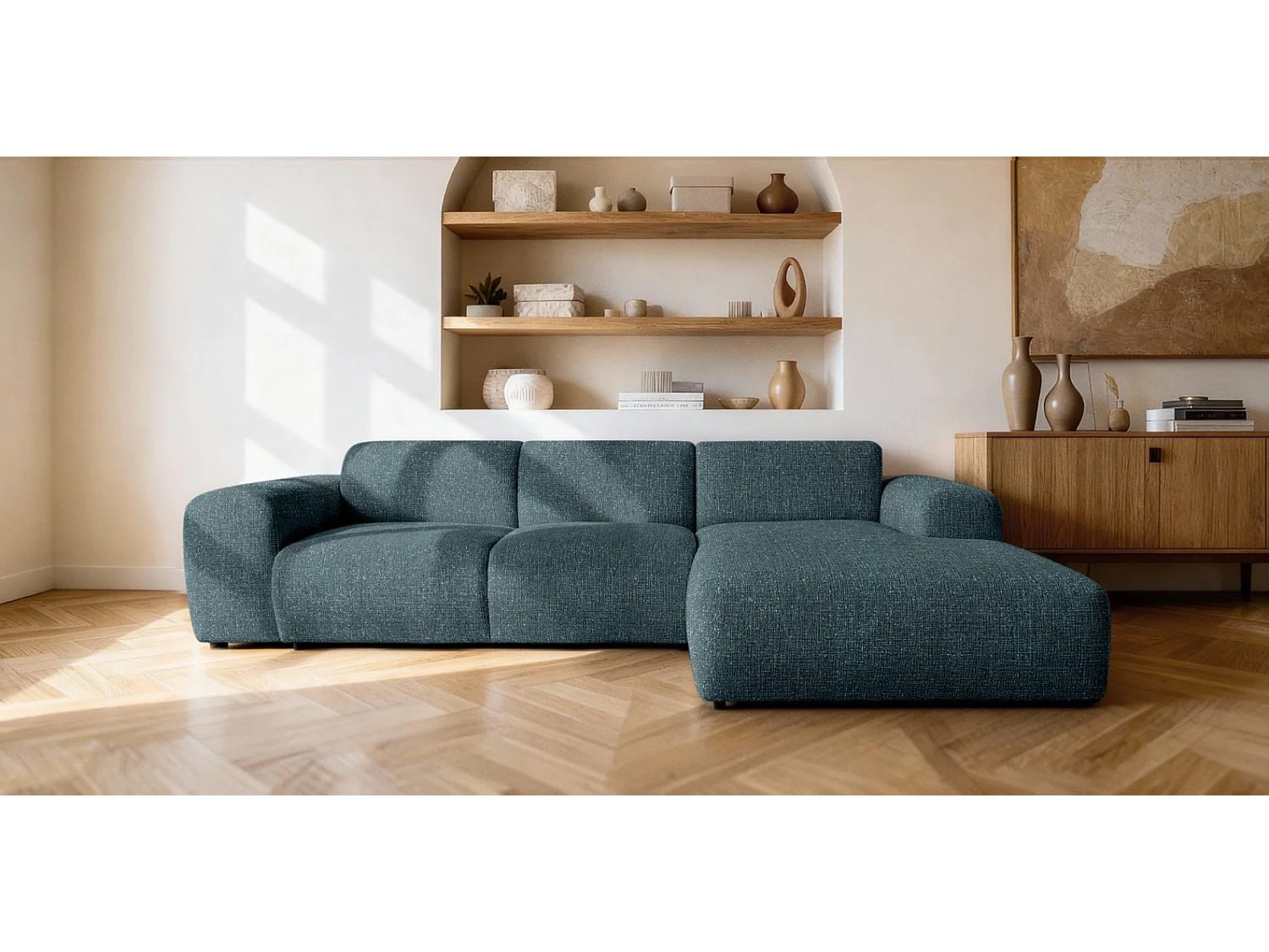 Narożnik GIN w kształcie litery L 310x192 cm | Pufa po prawej | Tkanina Bouclé w kolorze niebieskim, kremowym i benzynowym