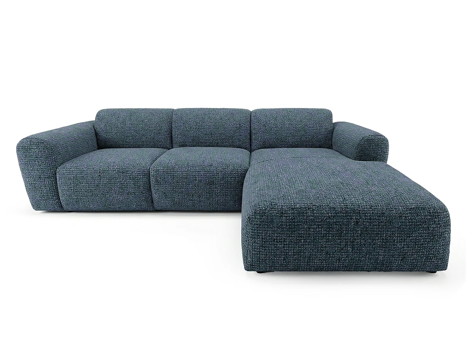 Narożnik GIN w kształcie litery L 310x192 cm | Pufa po prawej | Tkanina Bouclé w kolorze niebieskim, kremowym i benzynowym