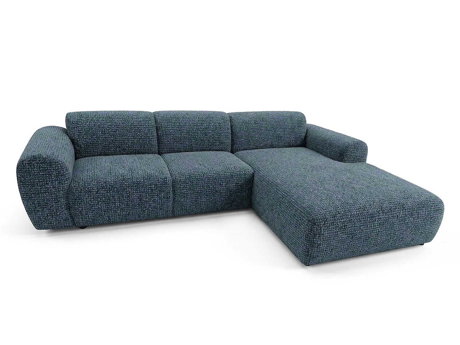Narożnik GIN w kształcie litery L 310x192 cm | Pufa po prawej | Tkanina Bouclé w kolorze niebieskim, kremowym i benzynowym