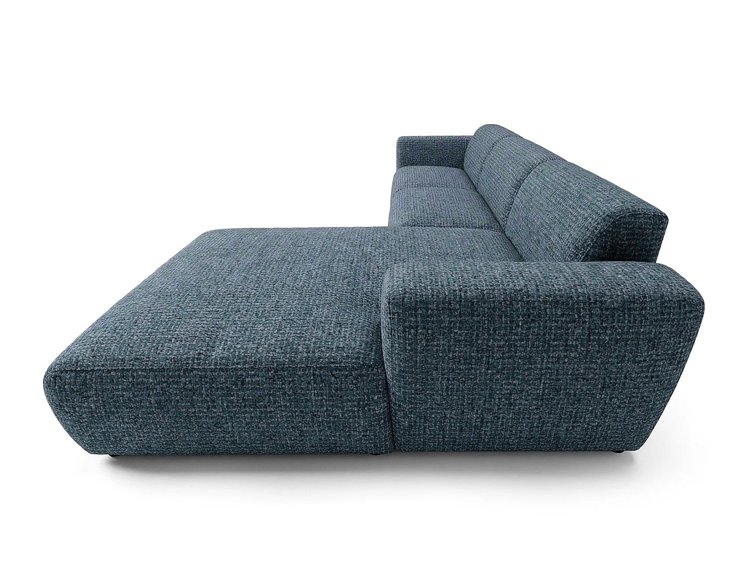 Narożnik GIN w kształcie litery L 310x192 cm | Pufa po prawej | Tkanina Bouclé w kolorze niebieskim, kremowym i benzynowym