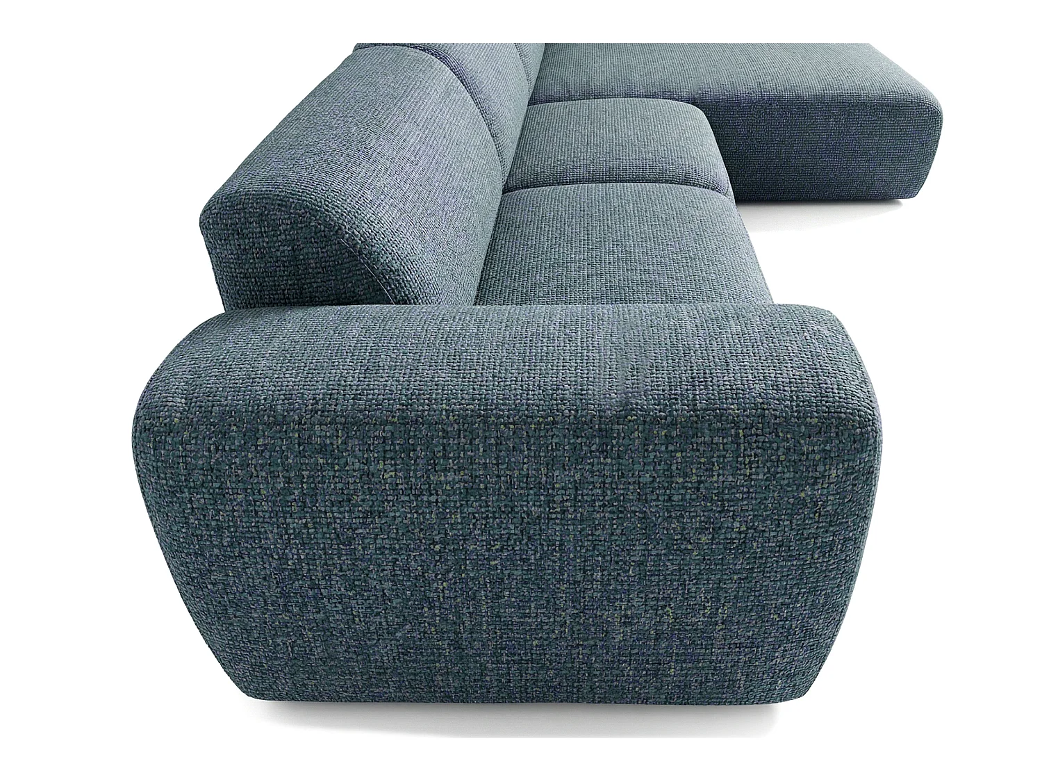 Narożnik GIN w kształcie litery L 310x192 cm | Pufa po prawej | Tkanina Bouclé w kolorze niebieskim, kremowym i benzynowym