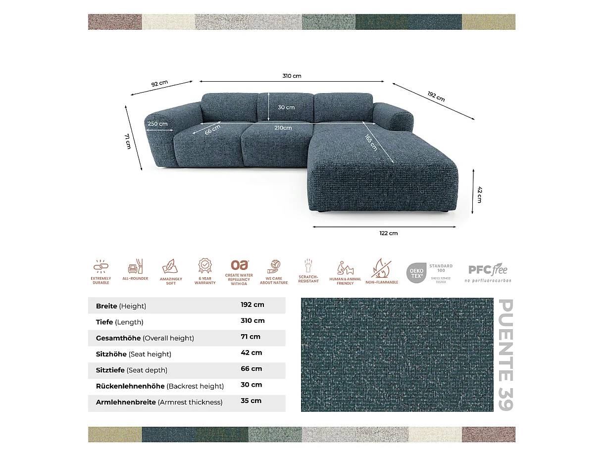Narożnik GIN w kształcie litery L 310x192 cm | Pufa po prawej | Tkanina Bouclé w kolorze niebieskim, kremowym i benzynowym