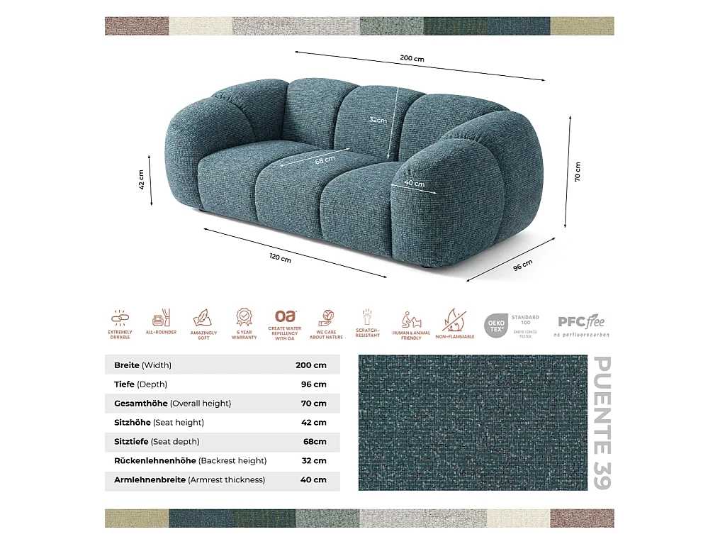 Canapé 2 places capitonné en tissu bouclé bleu canard 200 cm - MALI 2S