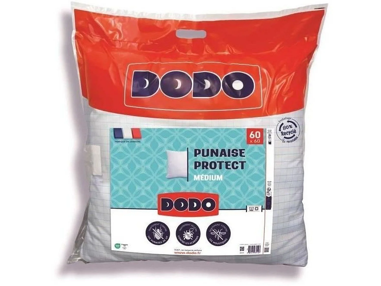 Oreiller médium 60 x 60 cm protection anti punaise, anti acarien - 550 g - Blanc