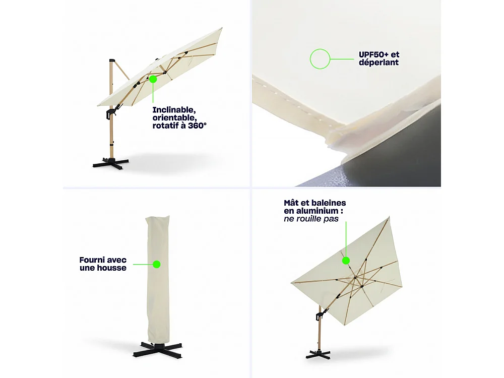 Veya - Parasol carré déporté en aluminium et effet bois 3x3m - Beige