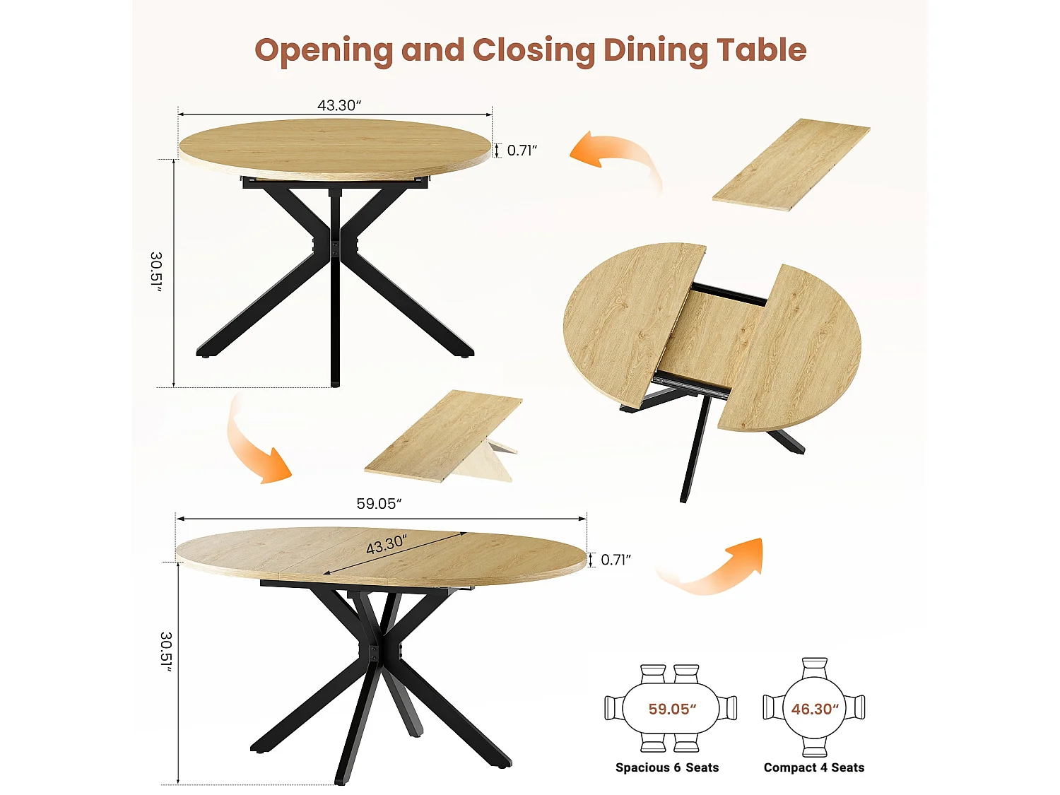 Table extensible pliable 6 places – Naturel clair | Pieds métalliques, glissière fluide, plateau 110-150 cm