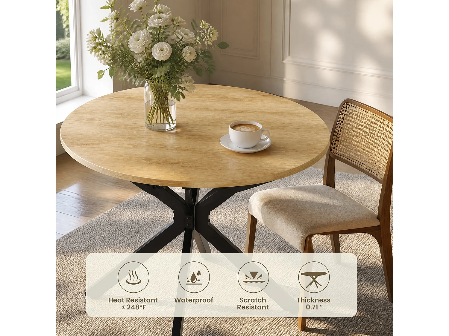 Table extensible pliable 6 places – Naturel clair | Pieds métalliques, glissière fluide, plateau 110-150 cm