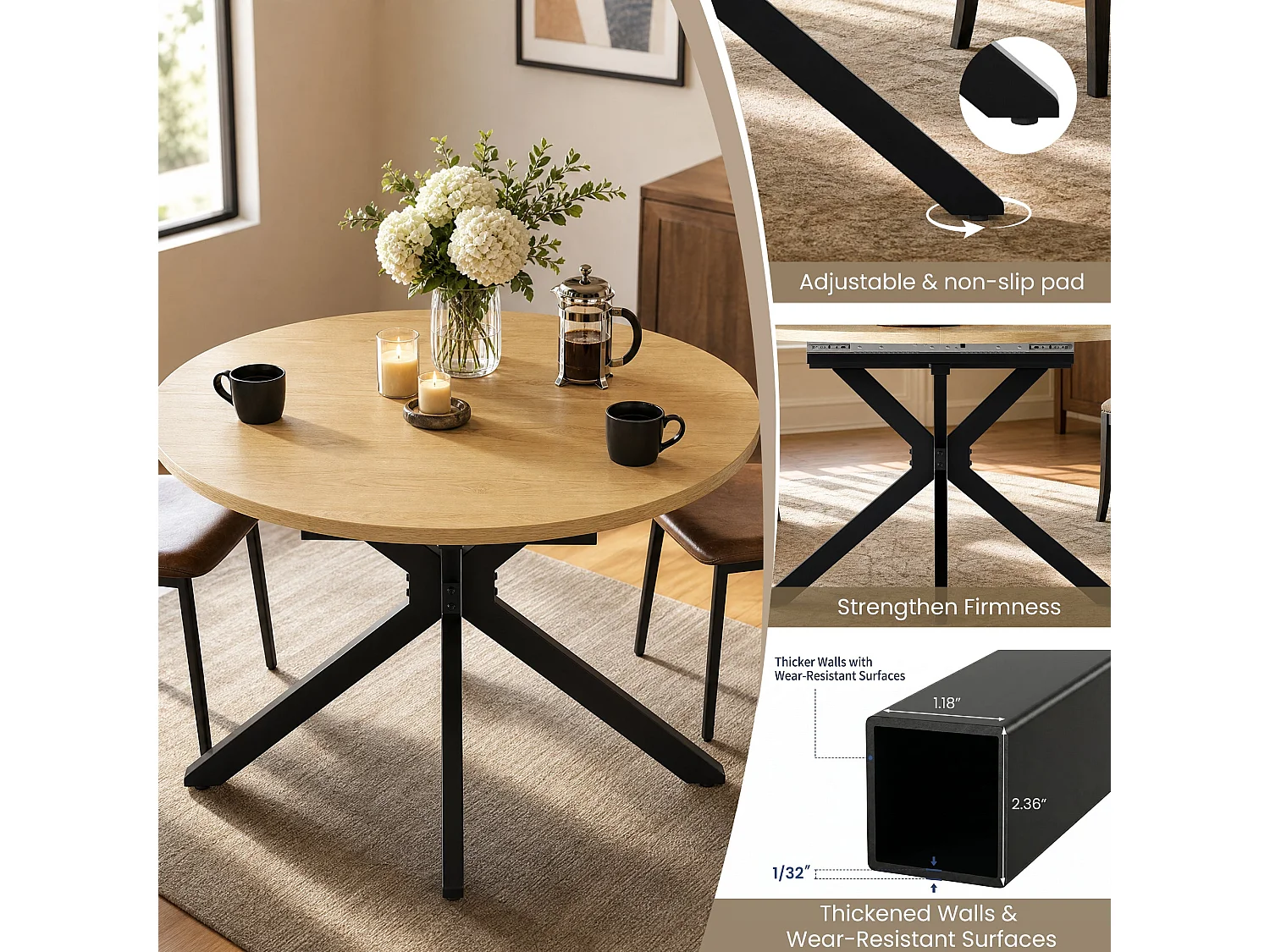 Table extensible pliable 6 places – Naturel clair | Pieds métalliques, glissière fluide, plateau 110-150 cm