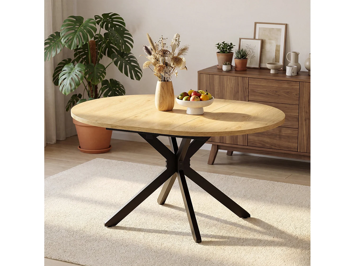 Table extensible pliable 6 places – Naturel clair | Pieds métalliques, glissière fluide, plateau 110-150 cm