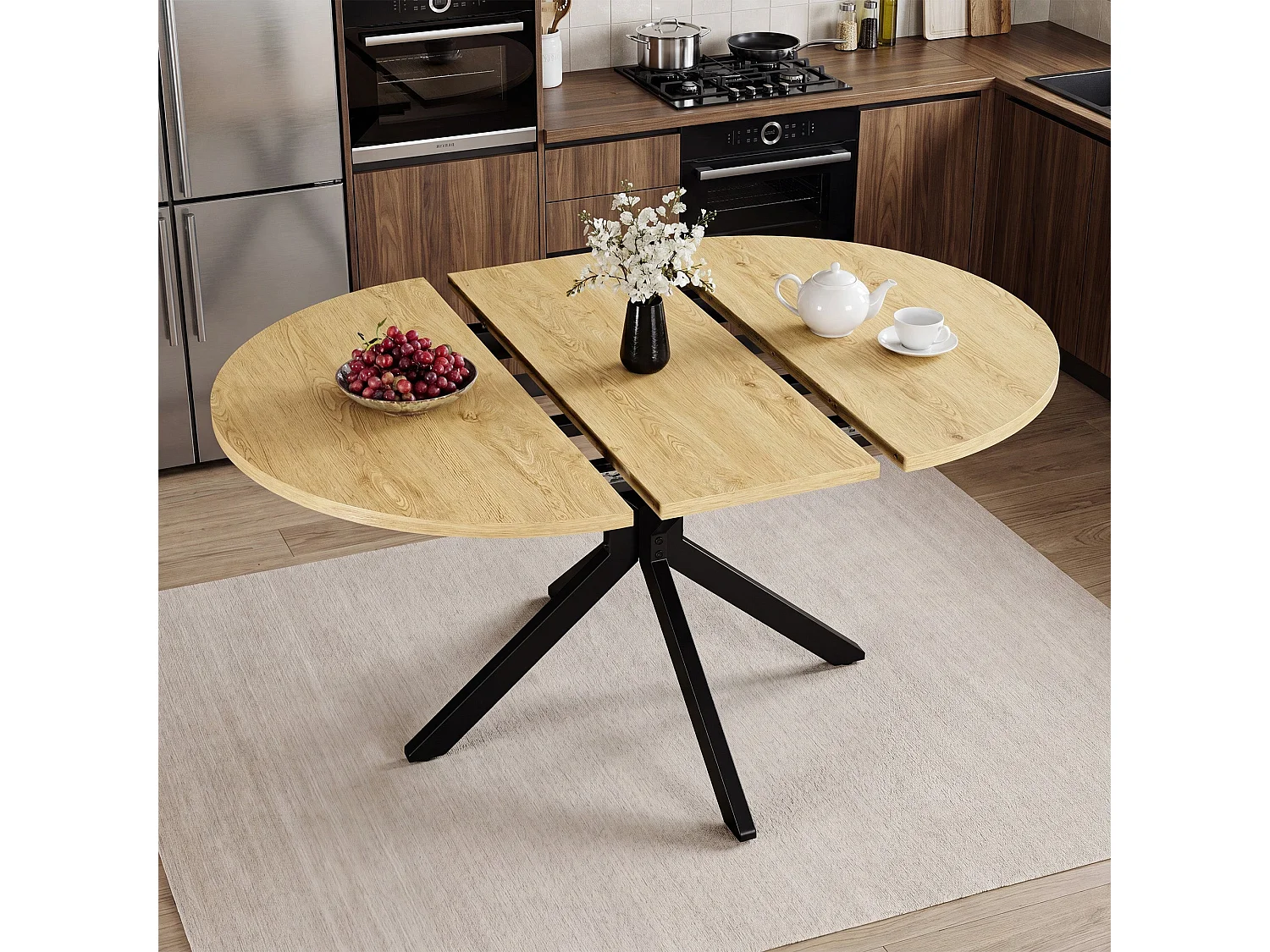 Table extensible pliable 6 places – Naturel clair | Pieds métalliques, glissière fluide, plateau 110-150 cm