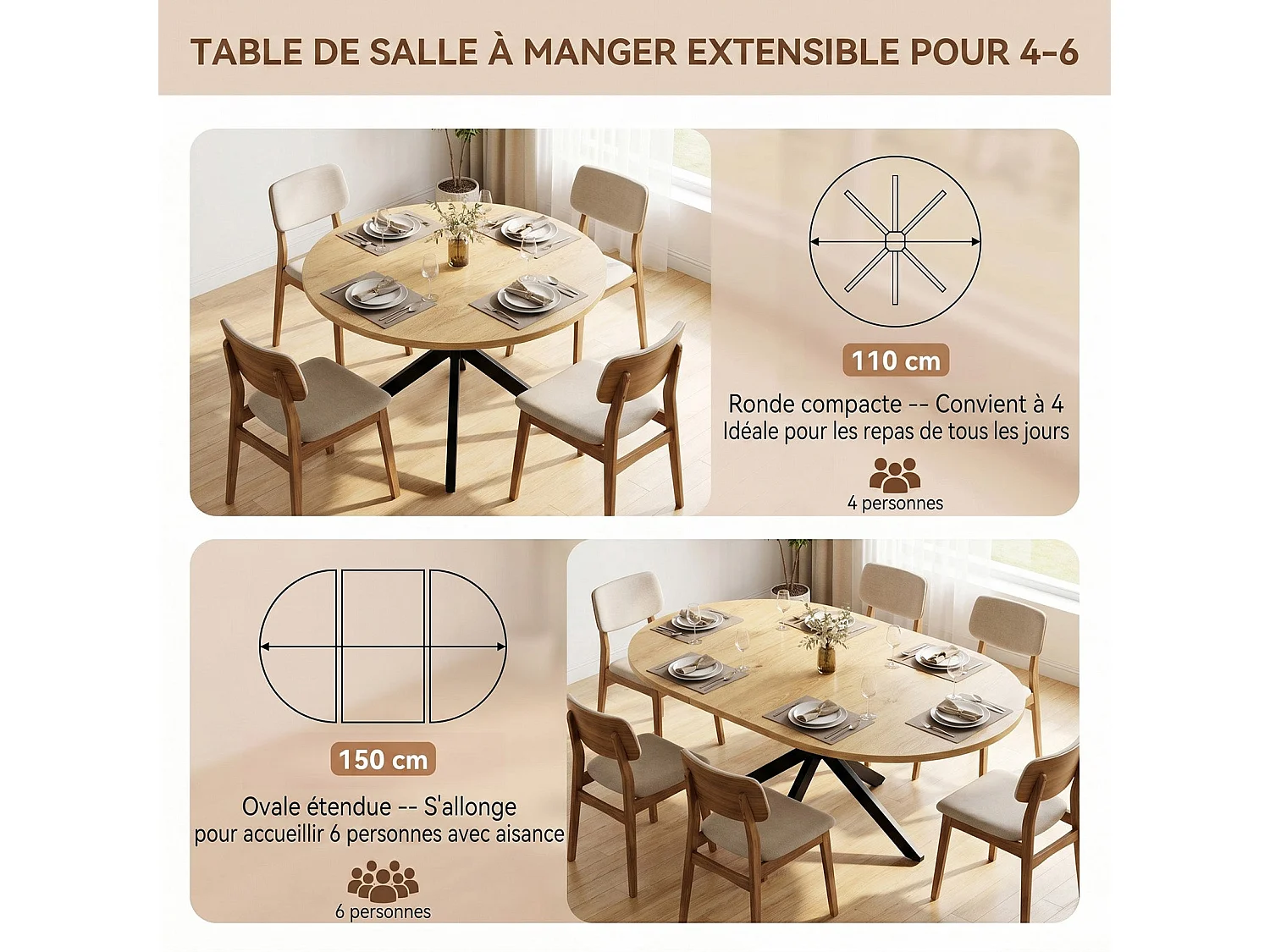 Table extensible pliable 6 places – Naturel clair | Pieds métalliques, glissière fluide, plateau 110-150 cm