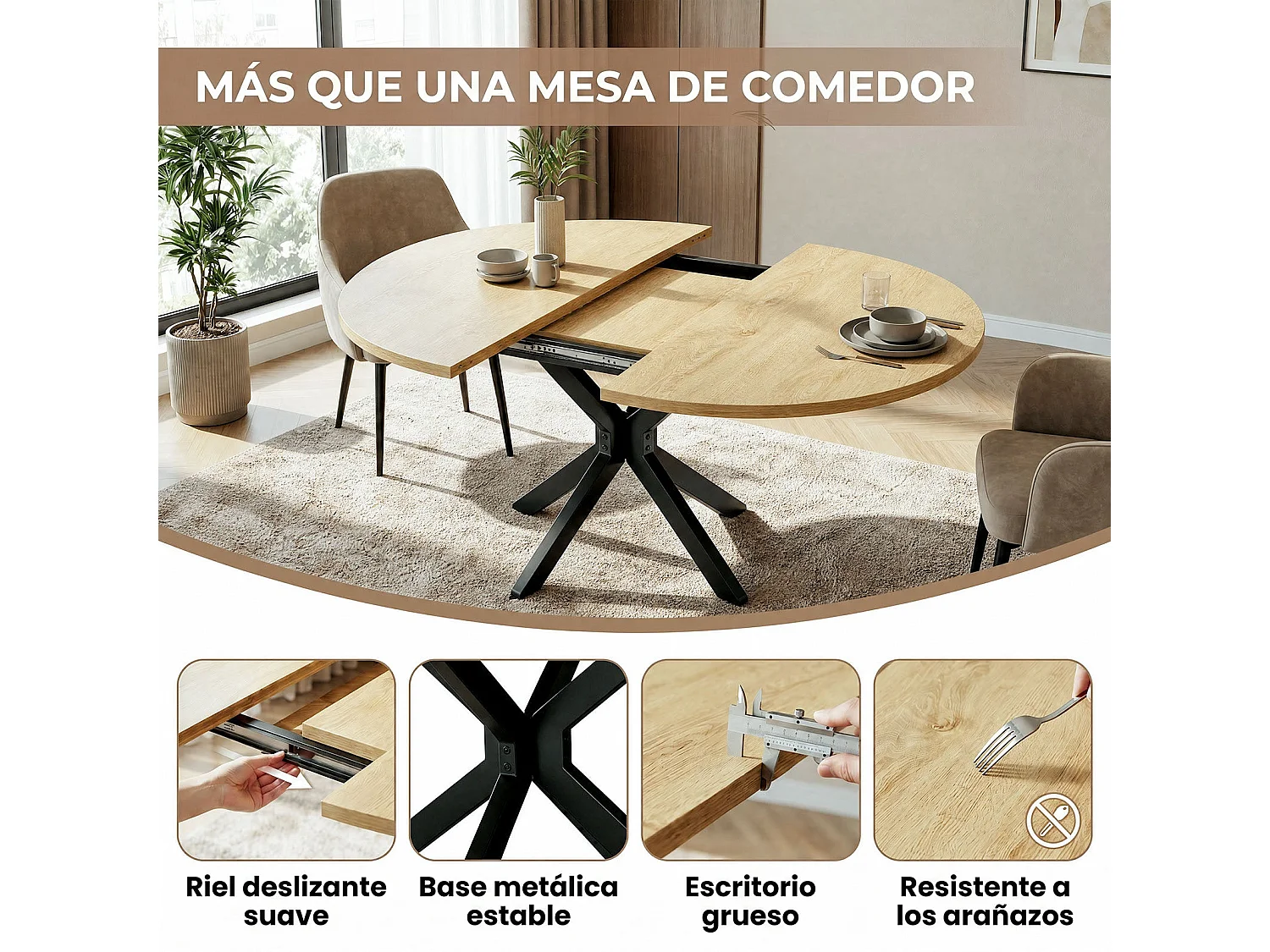 Table extensible pliable 6 places – Naturel clair | Pieds métalliques, glissière fluide, plateau 110-150 cm