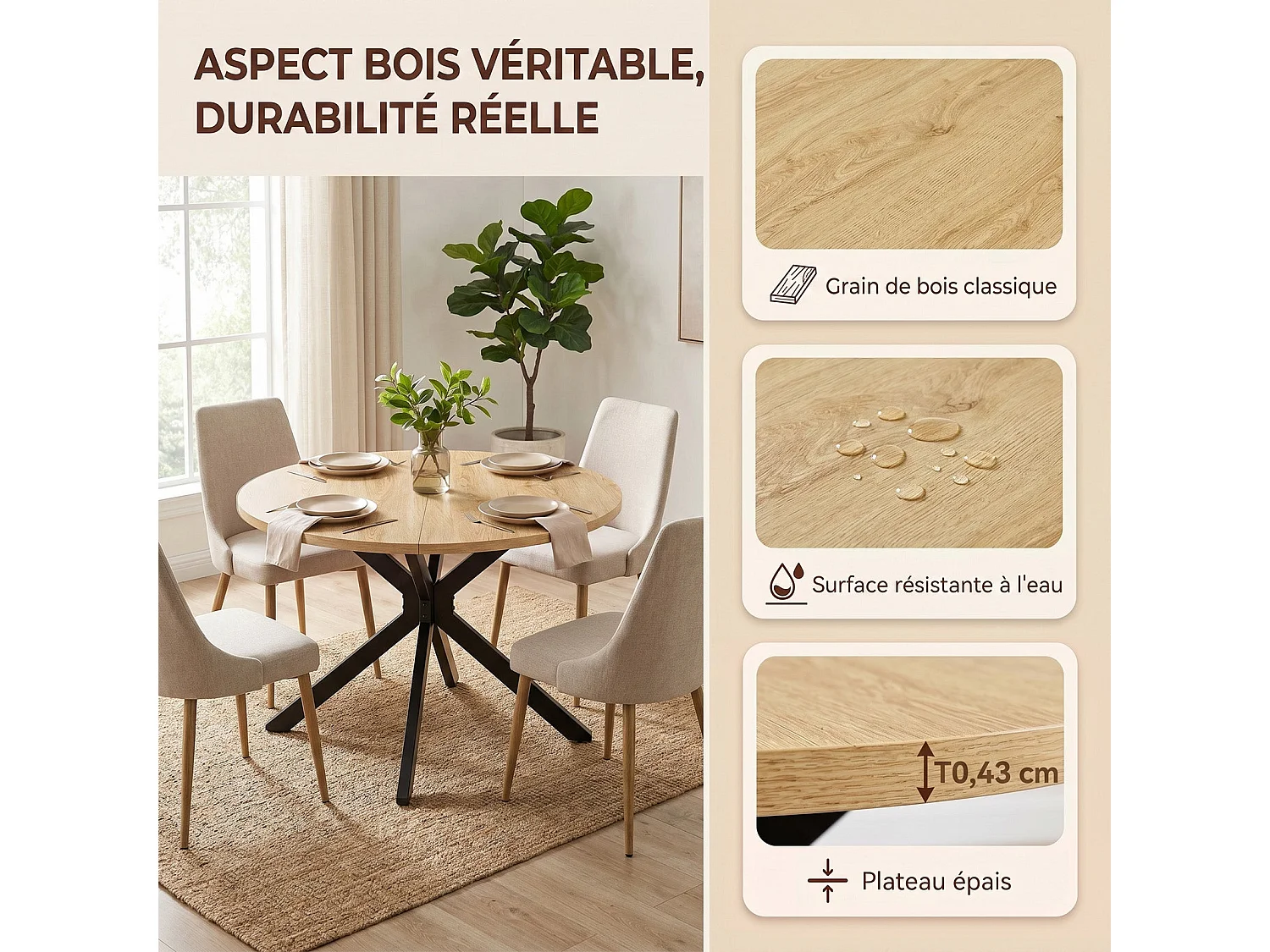 Table extensible pliable 6 places – Naturel clair | Pieds métalliques, glissière fluide, plateau 110-150 cm