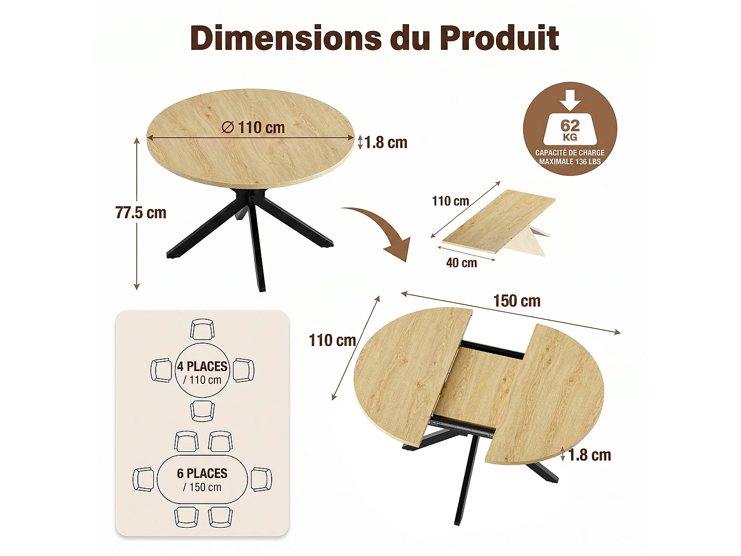 Table extensible pliable 6 places – Naturel clair | Pieds métalliques, glissière fluide, plateau 110-150 cm