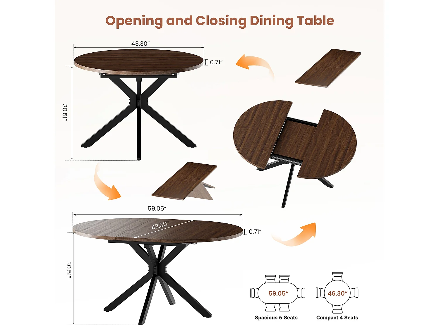 Uitschuifbare inklapbare tafel voor 6 personen – Donker walnoot | Metalen poten, soepele geleider, blad 110-150 cm