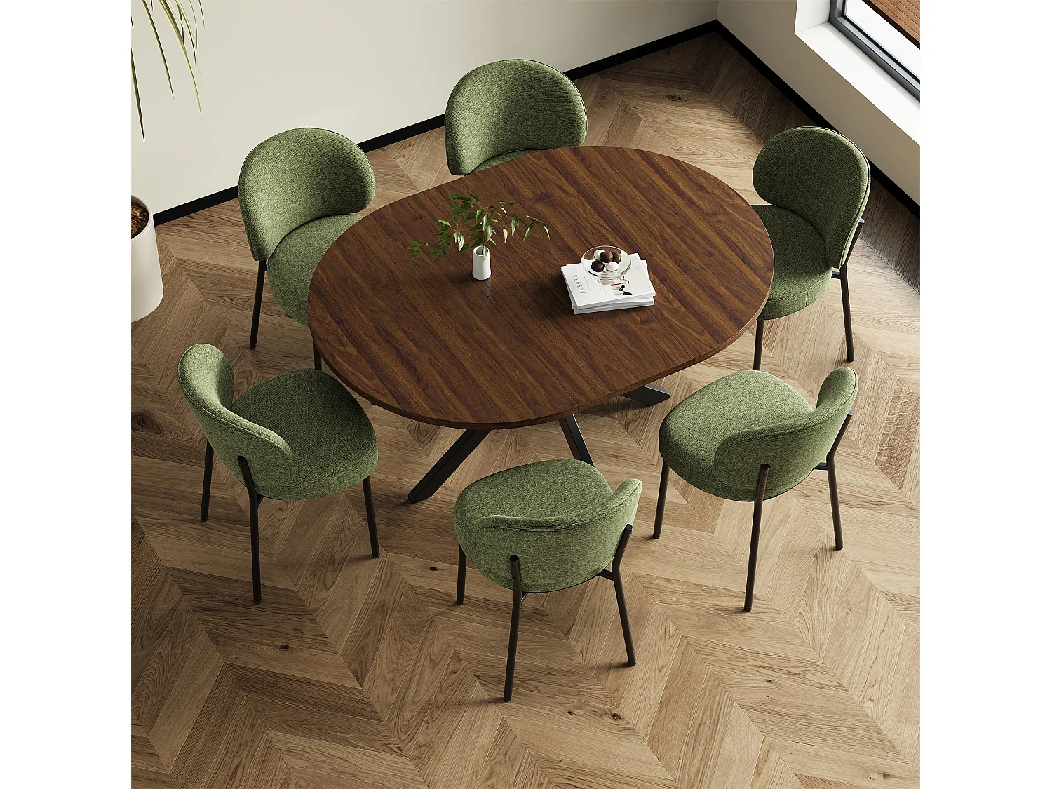Uitschuifbare inklapbare tafel voor 6 personen – Donker walnoot | Metalen poten, soepele geleider, blad 110-150 cm