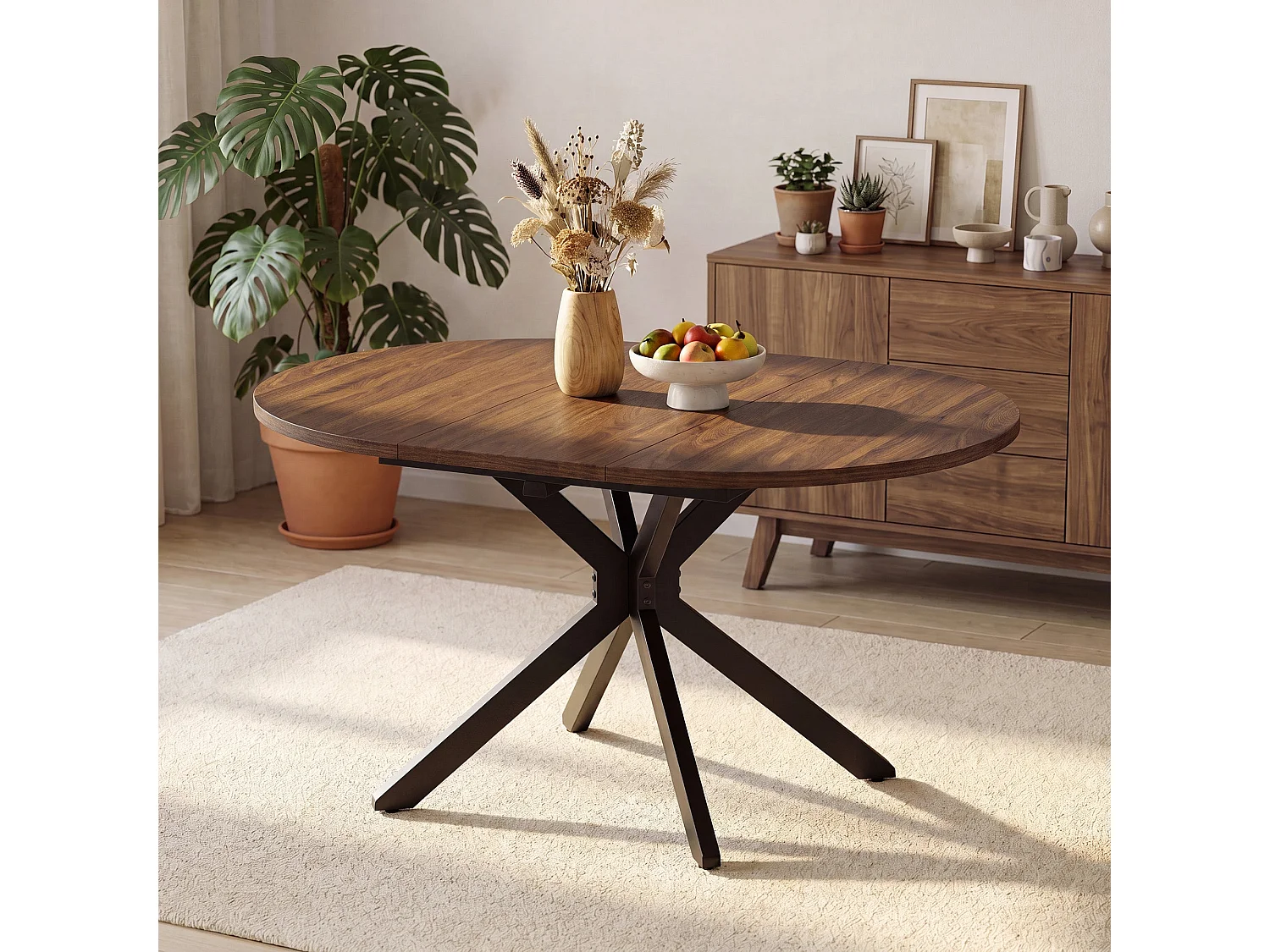 Table extensible pliable 6 places – Noyer foncé | Pieds métalliques, glissière fluide, plateau 110-150 cm