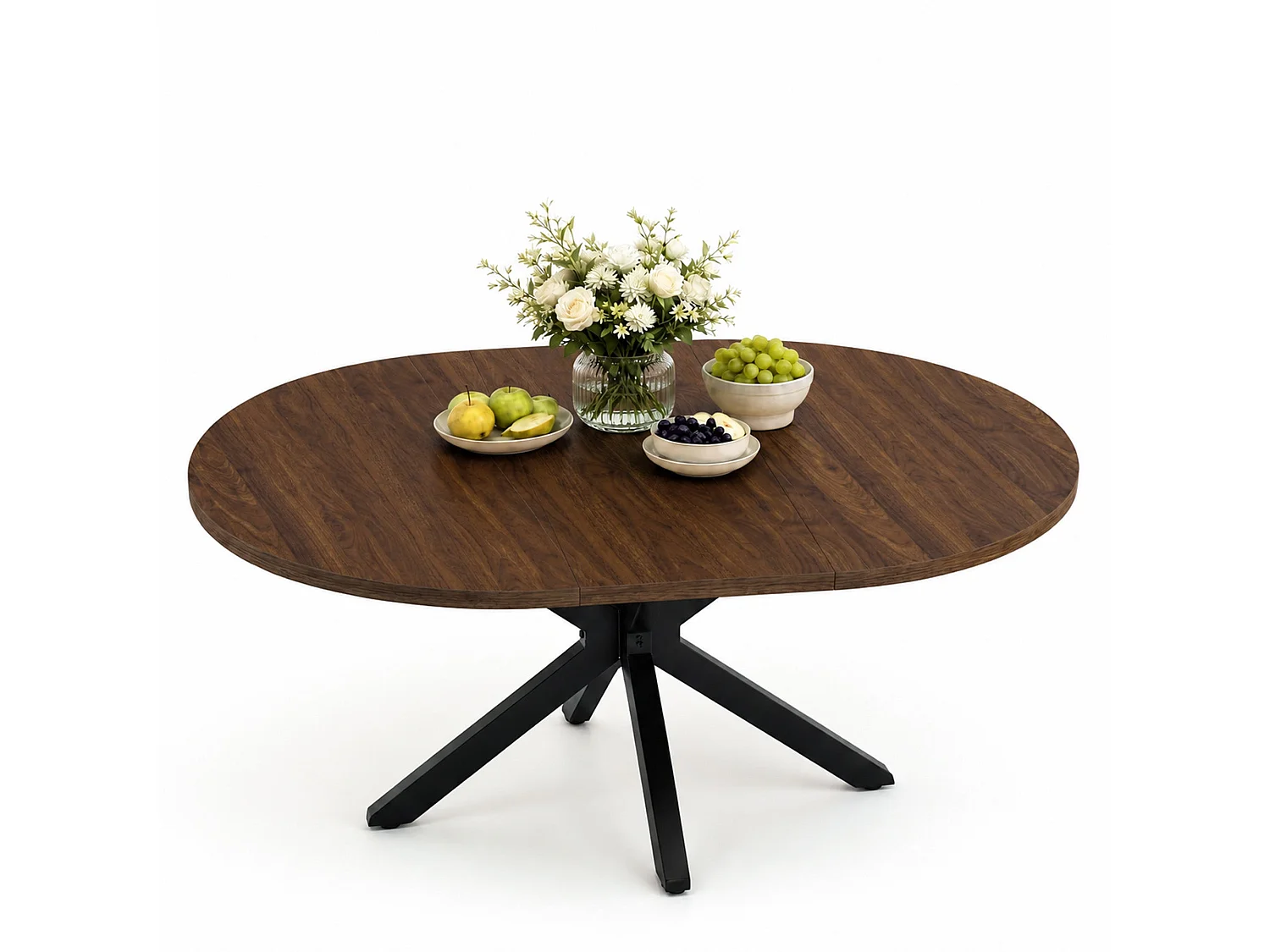 Table extensible pliable 6 places – Noyer foncé | Pieds métalliques, glissière fluide, plateau 110-150 cm
