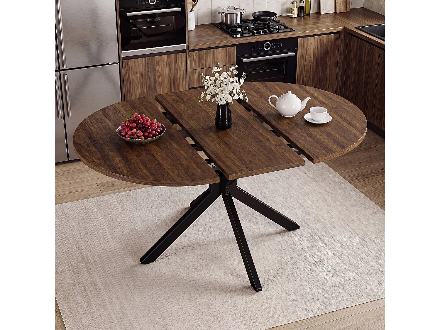 Table extensible pliable 6 places – Noyer foncé | Pieds métalliques, glissière fluide, plateau 110-150 cm