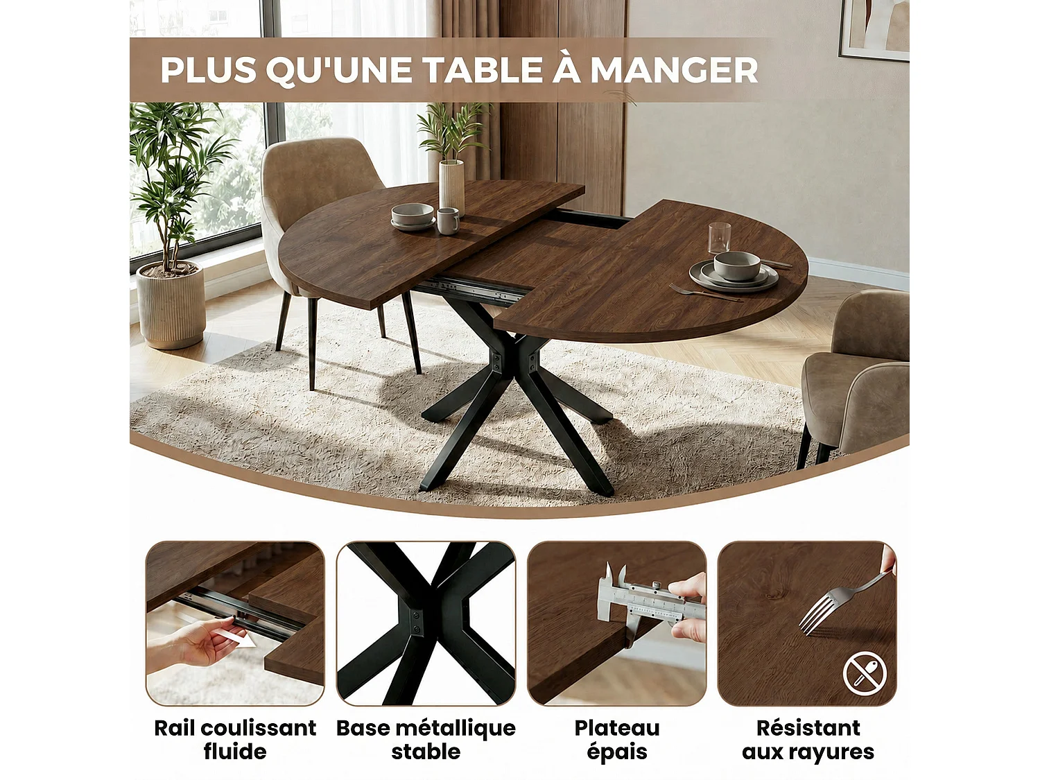 Table extensible pliable 6 places – Noyer foncé | Pieds métalliques, glissière fluide, plateau 110-150 cm