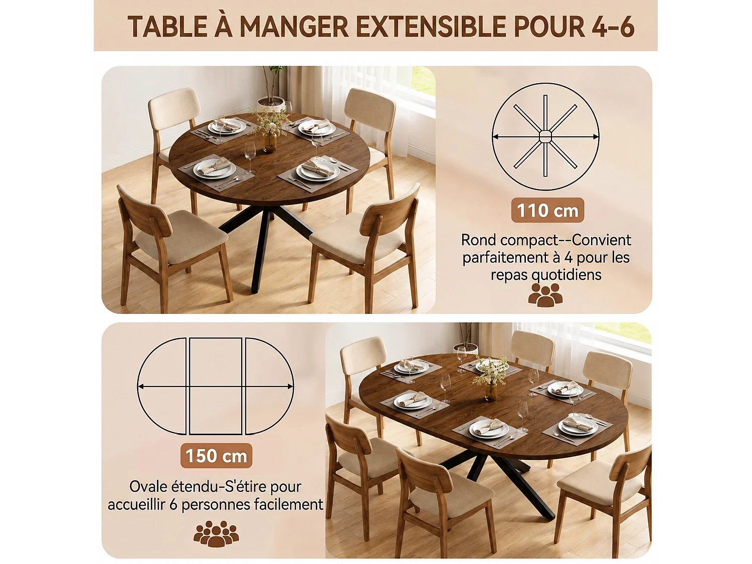 Table extensible pliable 6 places – Noyer foncé | Pieds métalliques, glissière fluide, plateau 110-150 cm