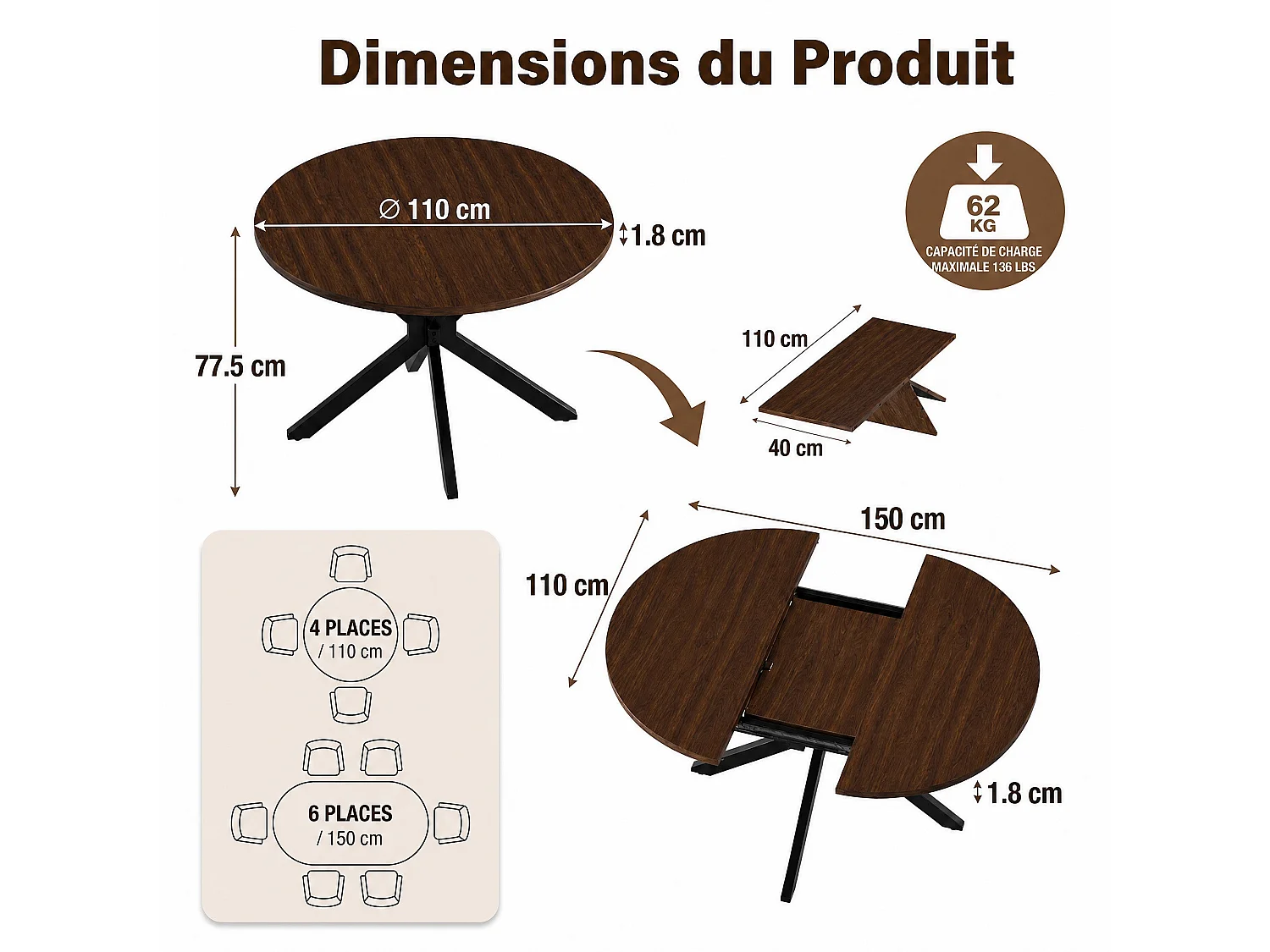 Table extensible pliable 6 places – Noyer foncé | Pieds métalliques, glissière fluide, plateau 110-150 cm