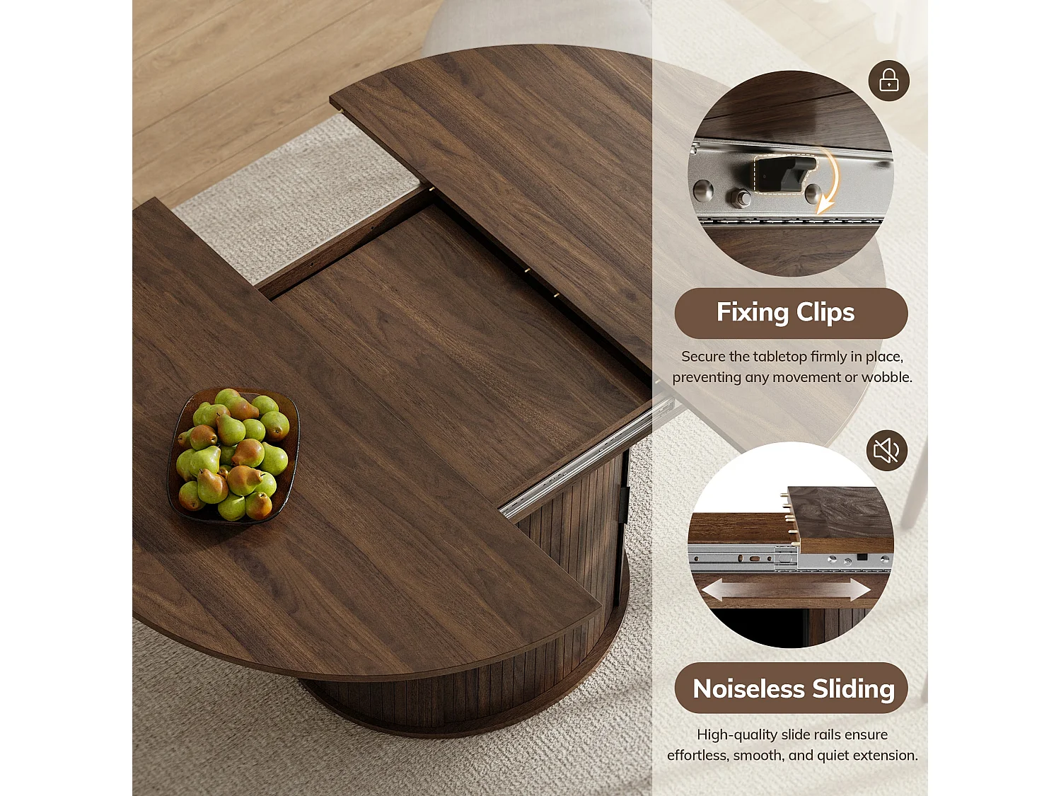 Table extensible pliable 6 places – Noyer foncé | Espace de rangement, glissière fluide, plateau résistant à 100°C, piétement artistique