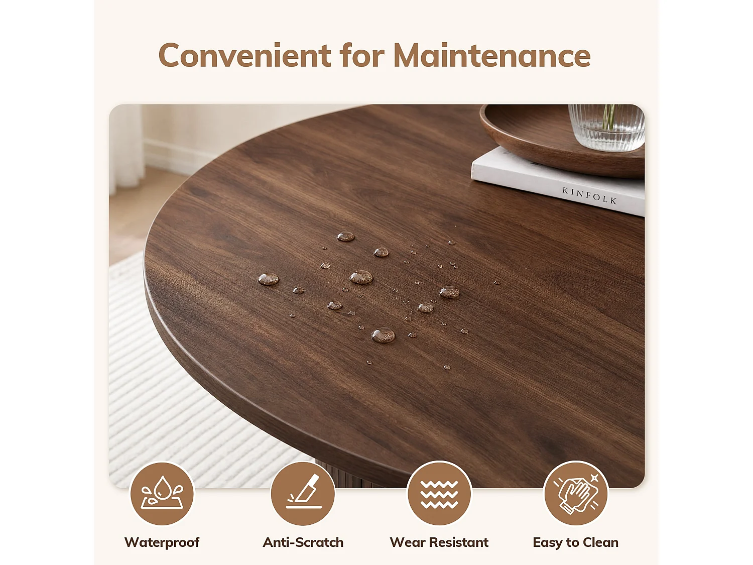Table extensible pliable 6 places – Noyer foncé | Espace de rangement, glissière fluide, plateau résistant à 100°C, piétement artistique
