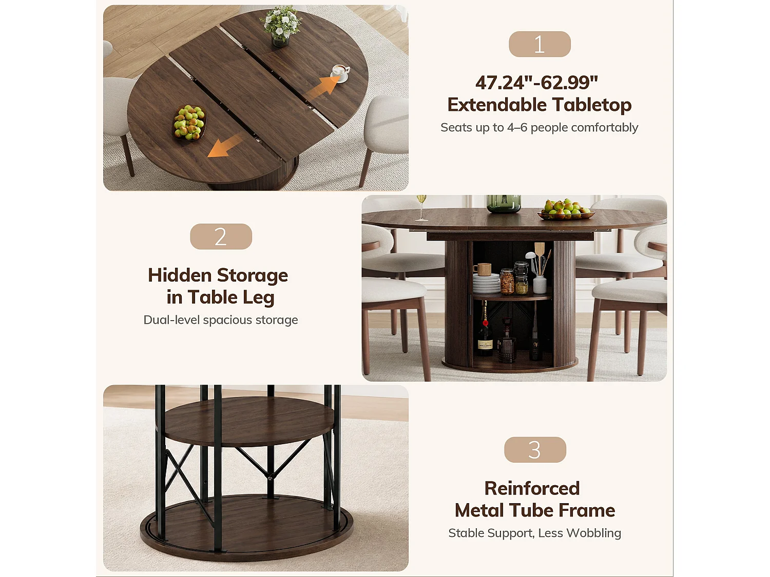 Table extensible pliable 6 places – Noyer foncé | Espace de rangement, glissière fluide, plateau résistant à 100°C, piétement artistique