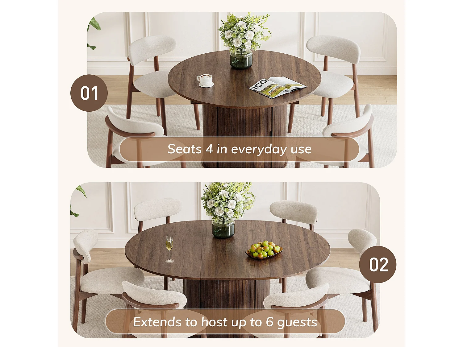 Table extensible pliable 6 places – Noyer foncé | Espace de rangement, glissière fluide, plateau résistant à 100°C, piétement artistique