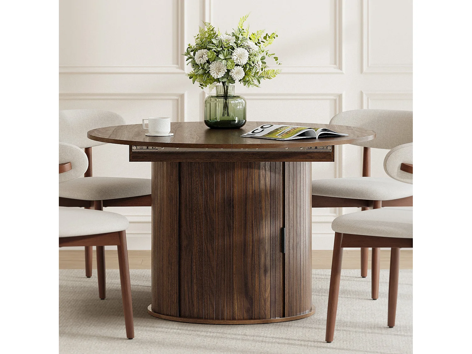 Table extensible pliable 6 places – Noyer foncé | Espace de rangement, glissière fluide, plateau résistant à 100°C, piétement artistique