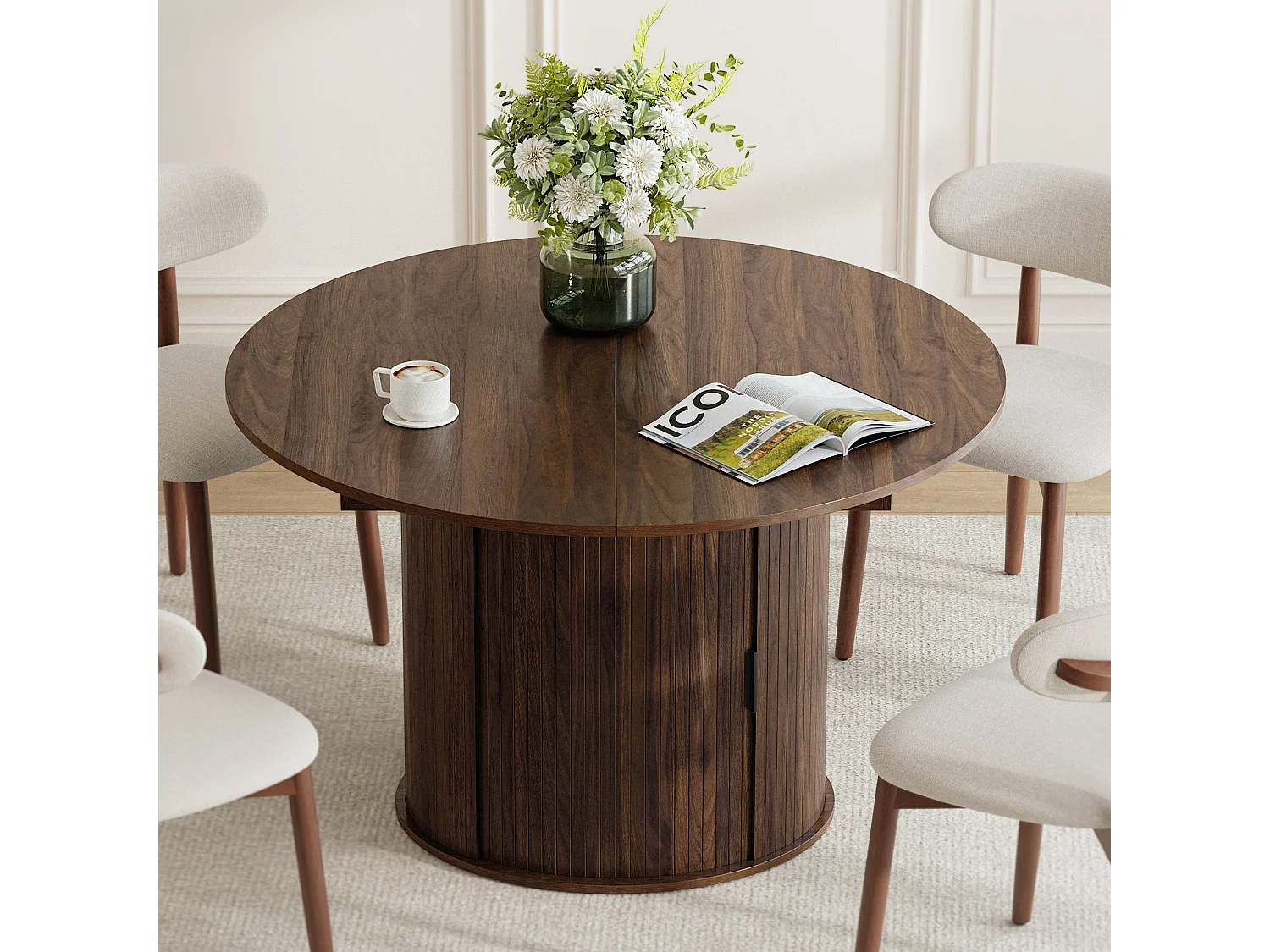 Table extensible pliable 6 places – Noyer foncé | Espace de rangement, glissière fluide, plateau résistant à 100°C, piétement artistique