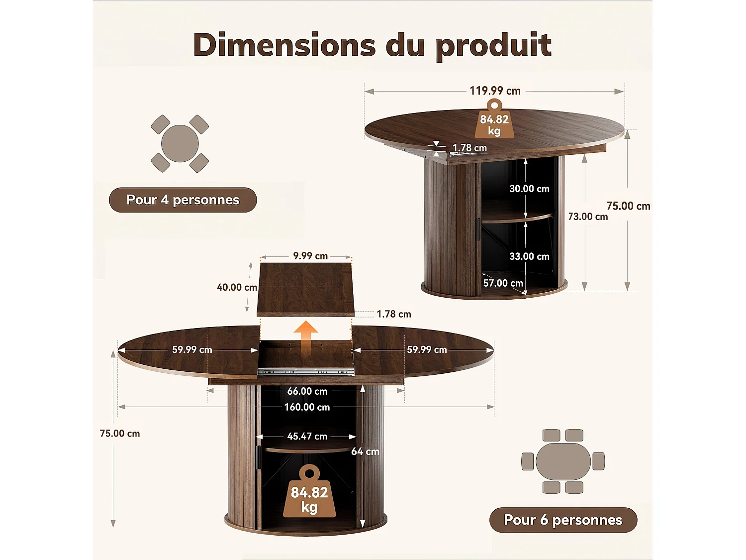 Table extensible pliable 6 places – Noyer foncé | Espace de rangement, glissière fluide, plateau résistant à 100°C, piétement artistique