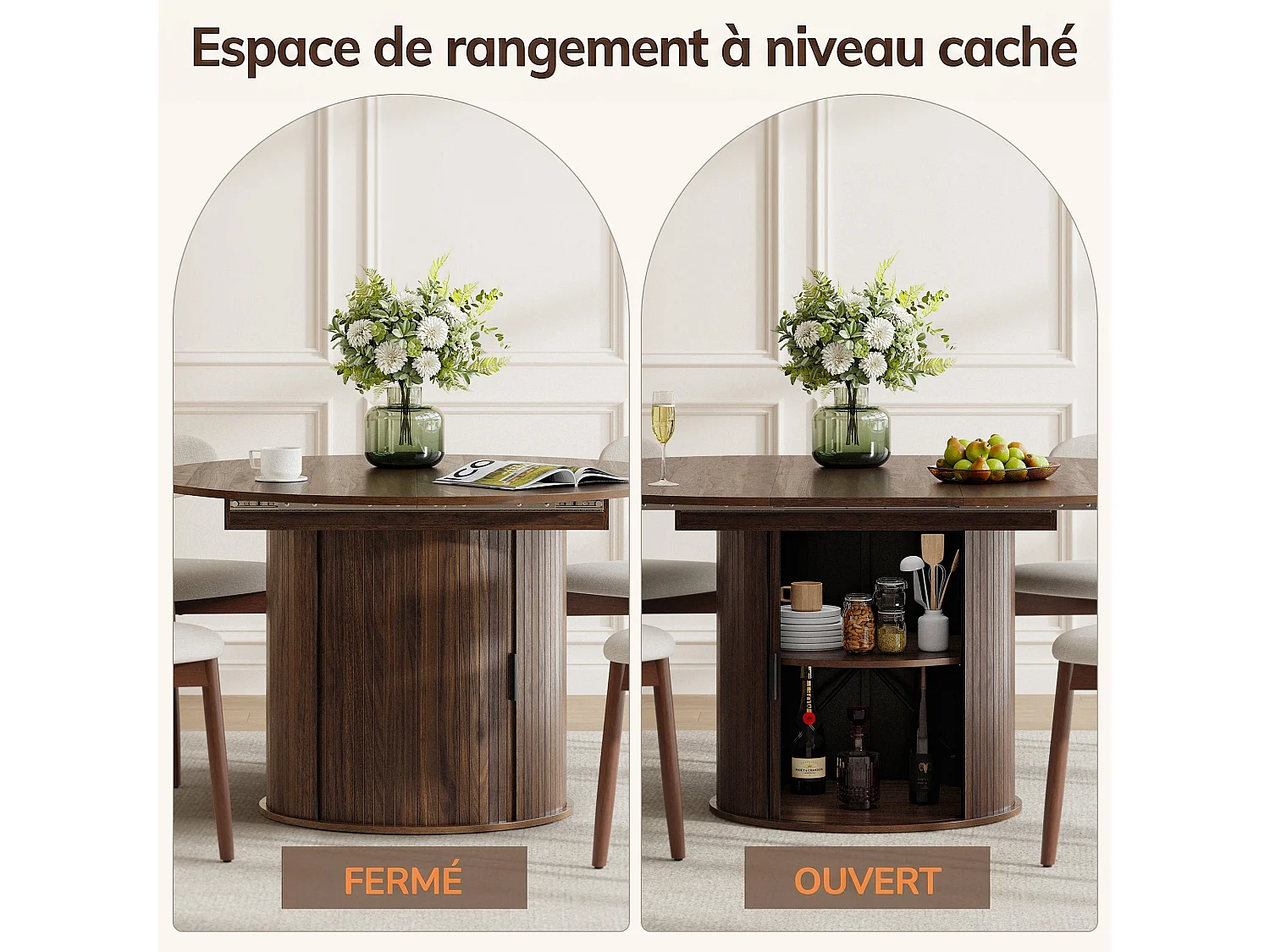 Table extensible pliable 6 places – Noyer foncé | Espace de rangement, glissière fluide, plateau résistant à 100°C, piétement artistique