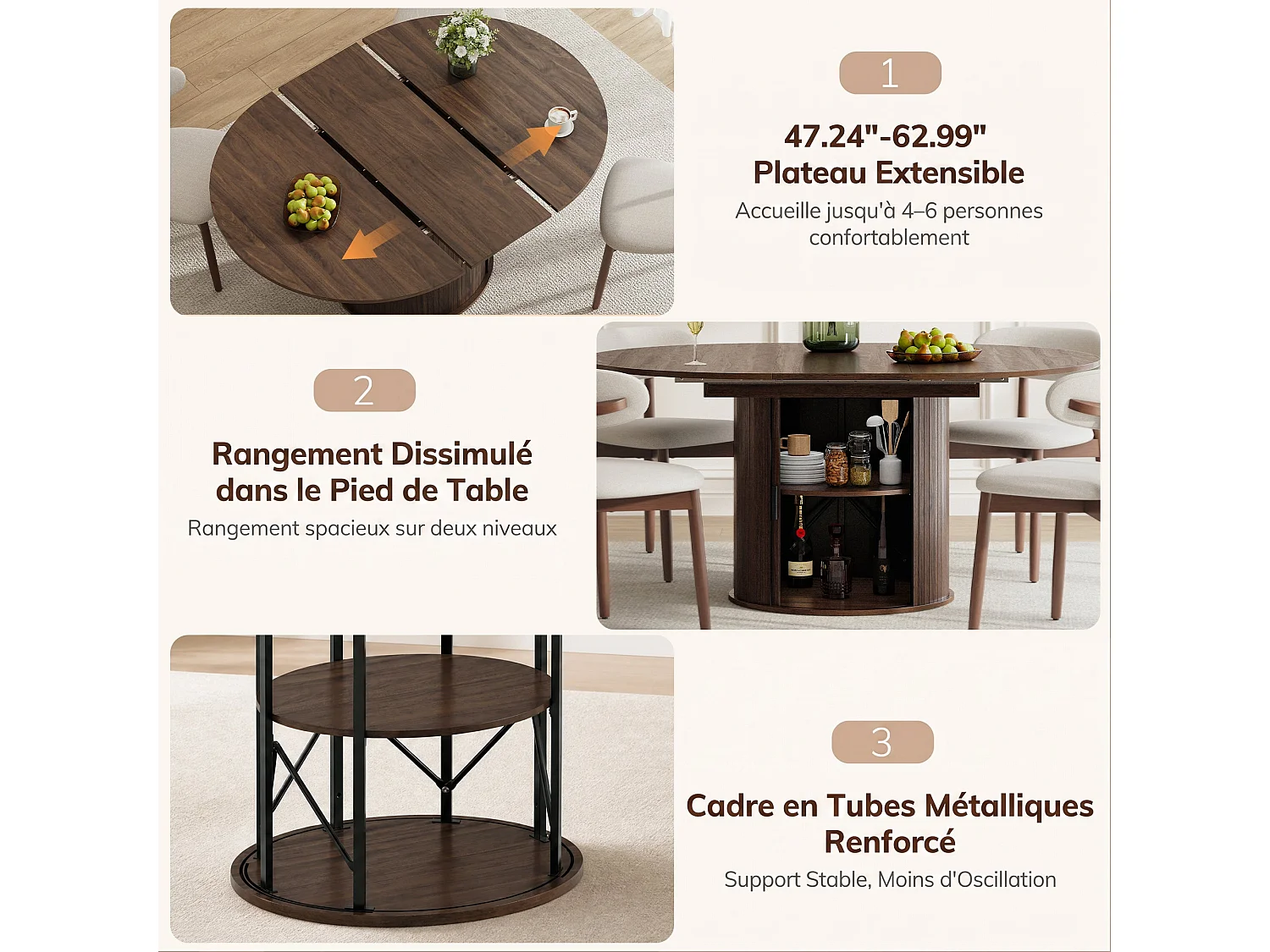 Table extensible pliable 6 places – Noyer foncé | Espace de rangement, glissière fluide, plateau résistant à 100°C, piétement artistique