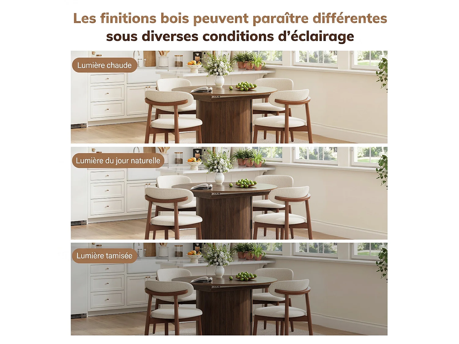 Table extensible pliable 6 places – Noyer foncé | Espace de rangement, glissière fluide, plateau résistant à 100°C, piétement artistique