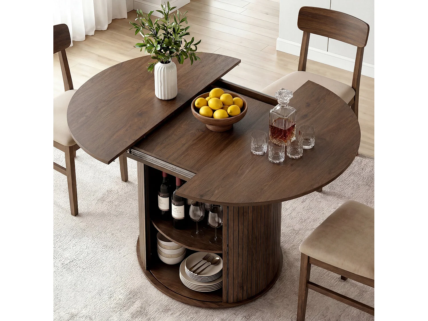Table extensible pliable 6 places – Noyer foncé | Espace de rangement, glissière fluide, plateau résistant à 100°C, piétement artistique