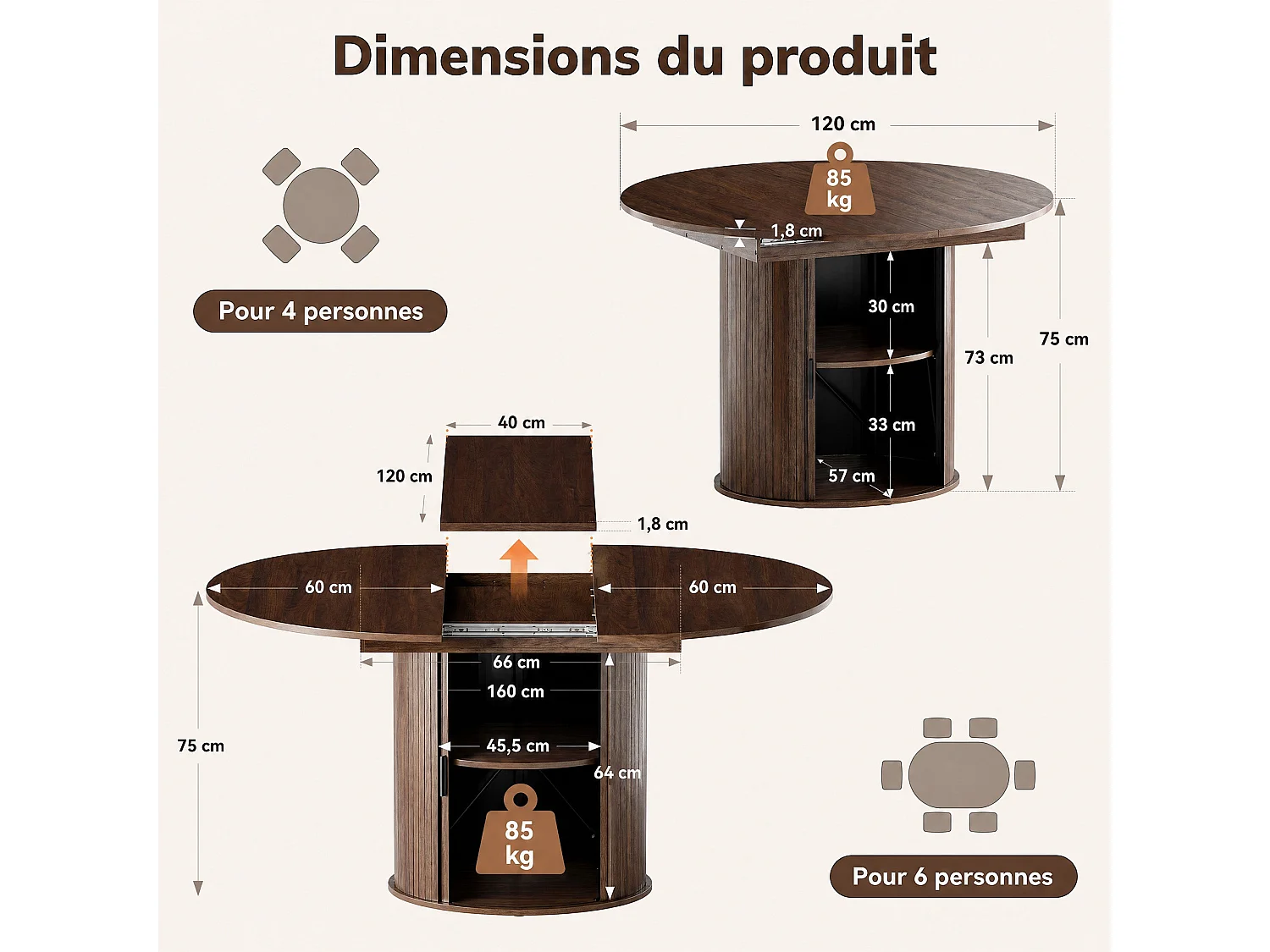 Table extensible pliable 6 places – Noyer foncé | Espace de rangement, glissière fluide, plateau résistant à 100°C, piétement artistique