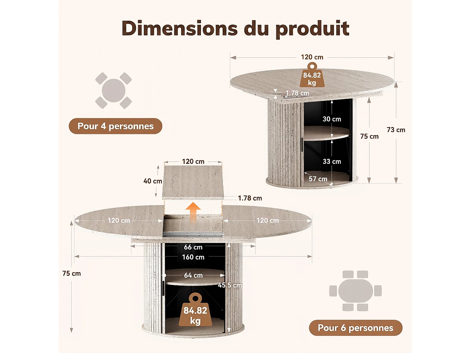 Table extensible pliable 6 places – Blanc pierre | Espace de rangement, glissière fluide, plateau résistant à 100°C, piétement artistique