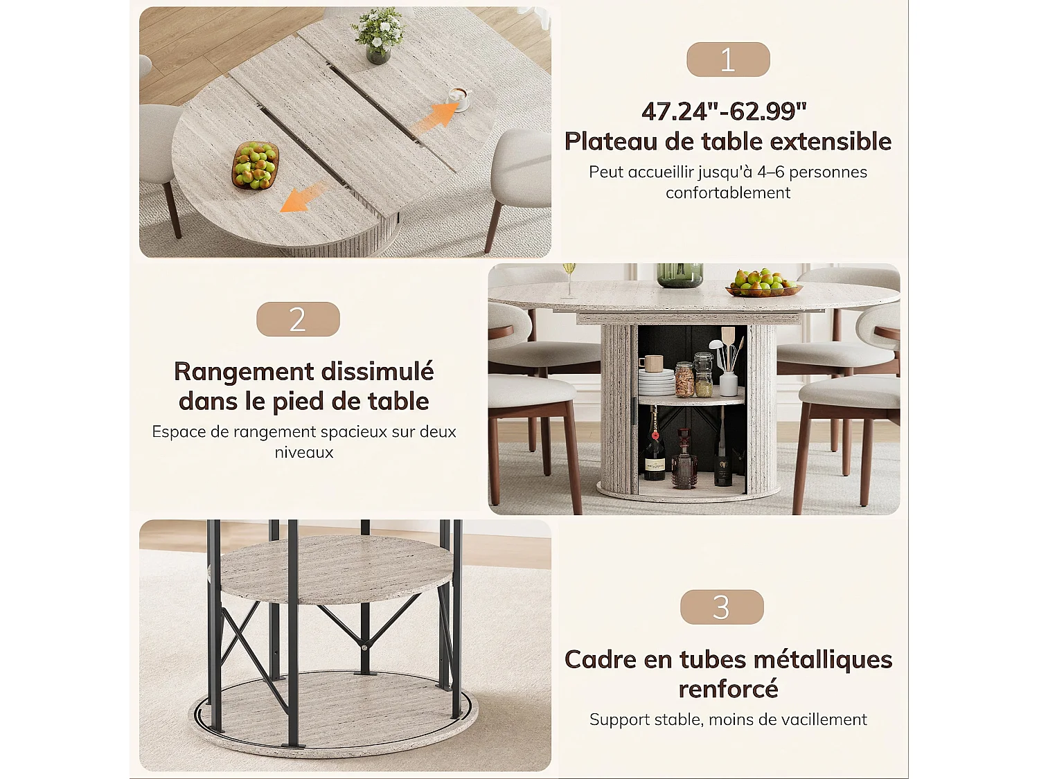 Table extensible pliable 6 places – Blanc pierre | Espace de rangement, glissière fluide, plateau résistant à 100°C, piétement artistique