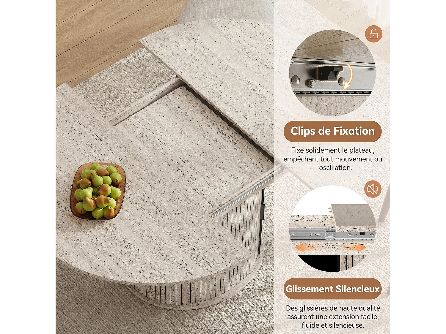Table extensible pliable 6 places – Blanc pierre | Espace de rangement, glissière fluide, plateau résistant à 100°C, piétement artistique