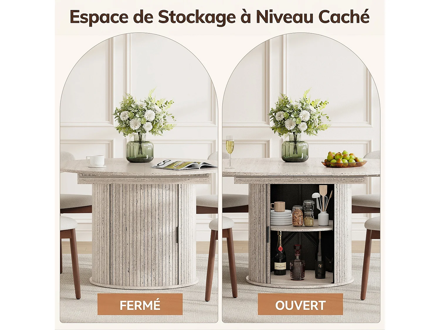 Table extensible pliable 6 places – Blanc pierre | Espace de rangement, glissière fluide, plateau résistant à 100°C, piétement artistique