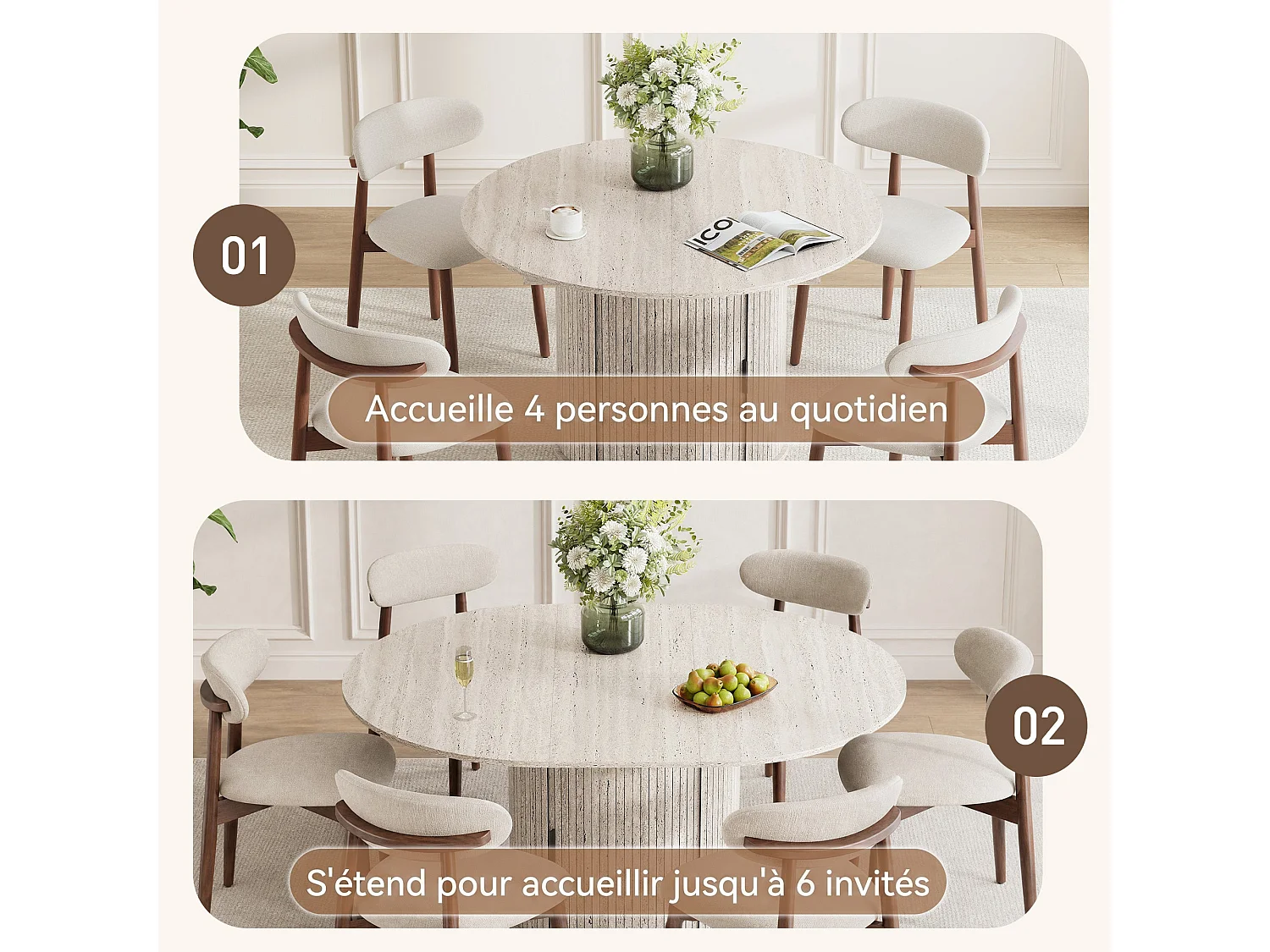Table extensible pliable 6 places – Blanc pierre | Espace de rangement, glissière fluide, plateau résistant à 100°C, piétement artistique