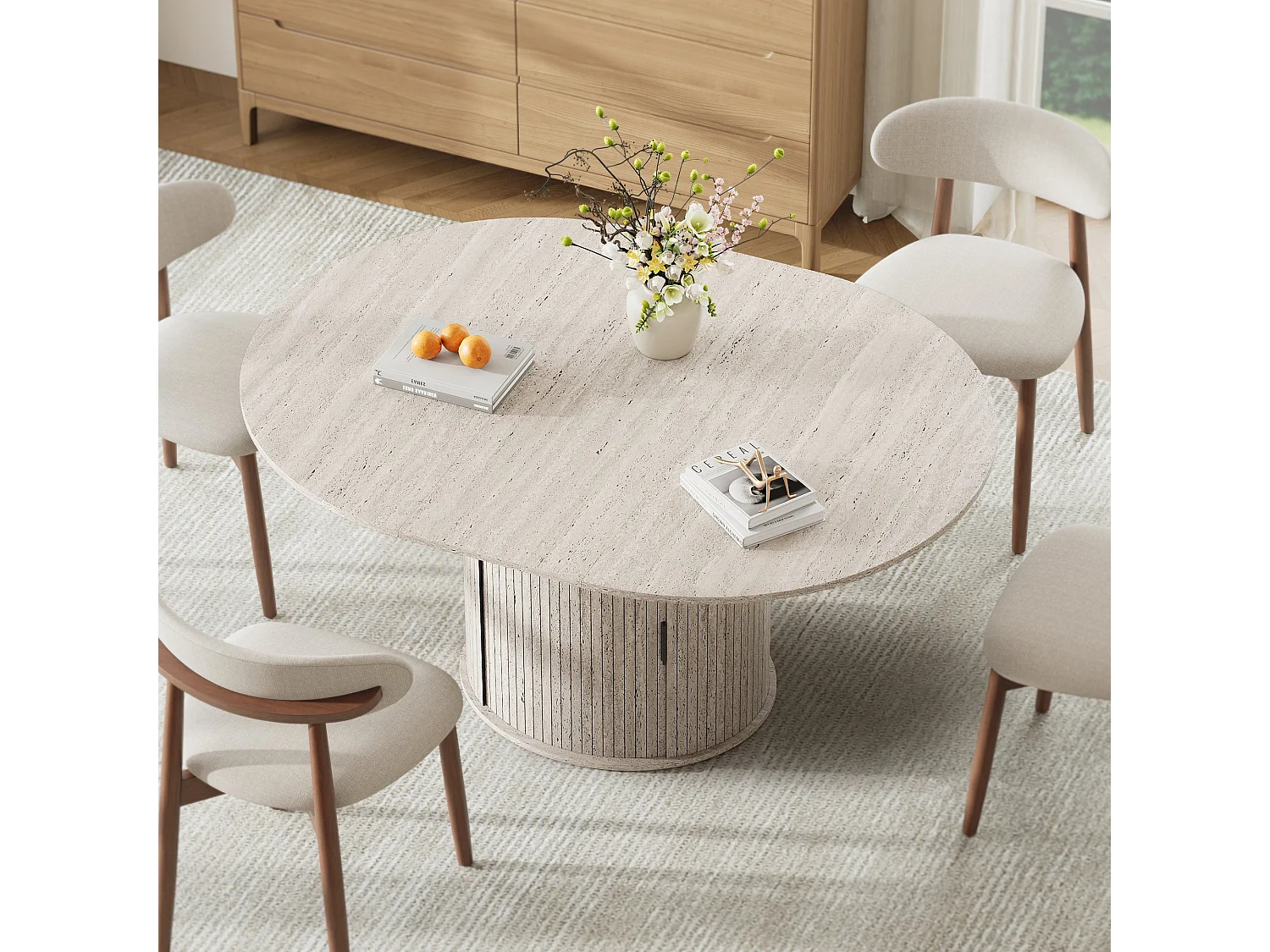 Table extensible pliable 6 places – Blanc pierre | Espace de rangement, glissière fluide, plateau résistant à 100°C, piétement artistique