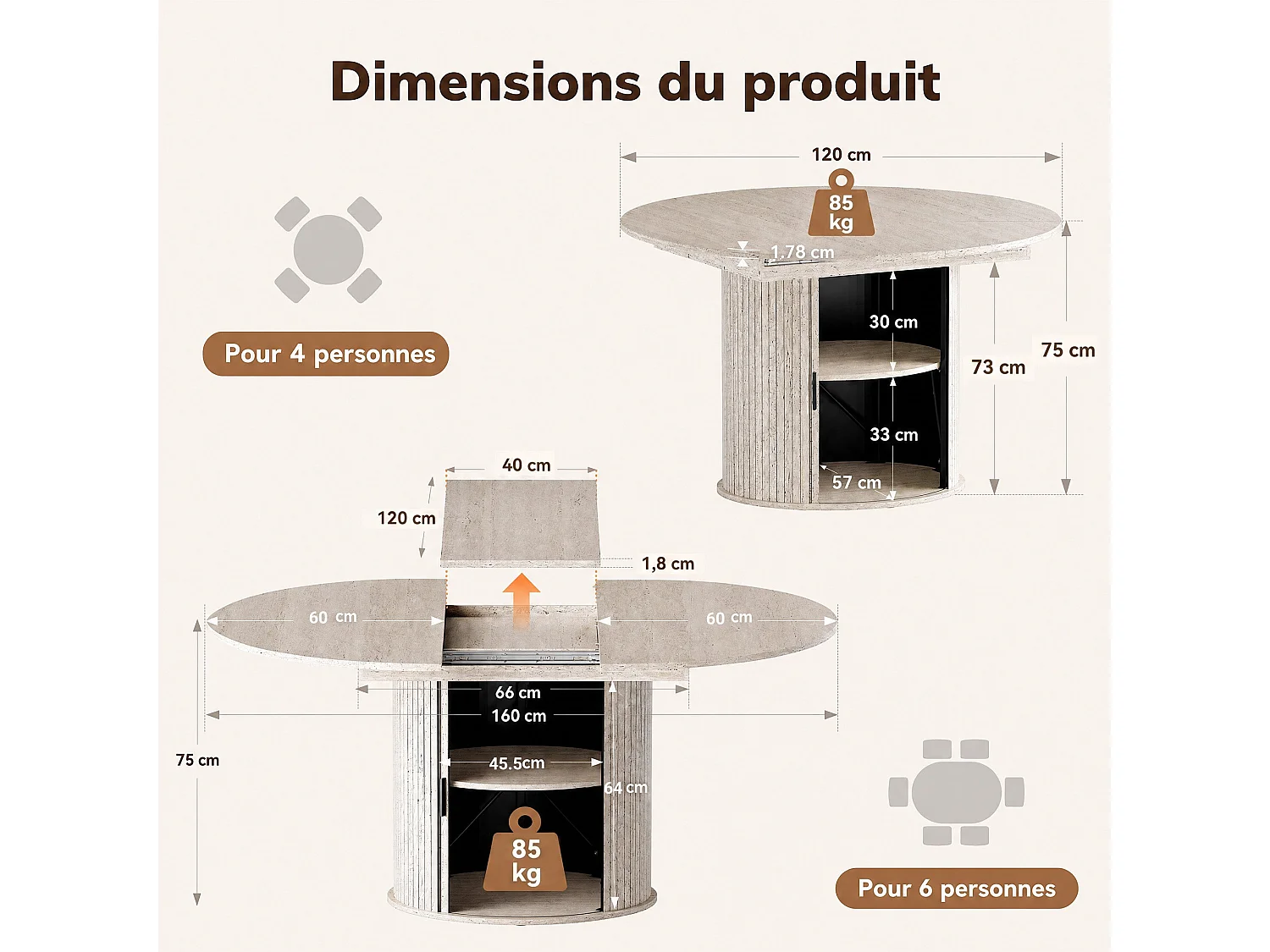 Table extensible pliable 6 places – Blanc pierre | Espace de rangement, glissière fluide, plateau résistant à 100°C, piétement artistique