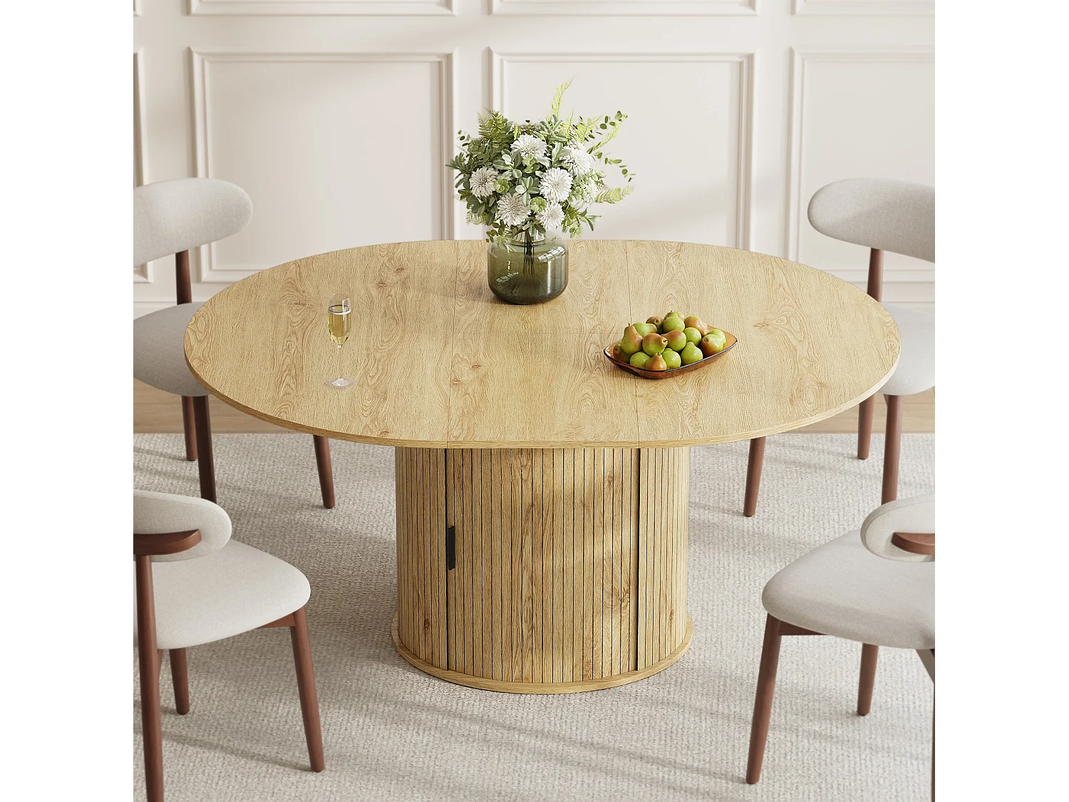 Uitschuifbare inklapbare tafel voor 6 personen – Licht naturel | Opbergruimte, soepele geleider, blad bestand tegen 100°C, artistiek onderstel