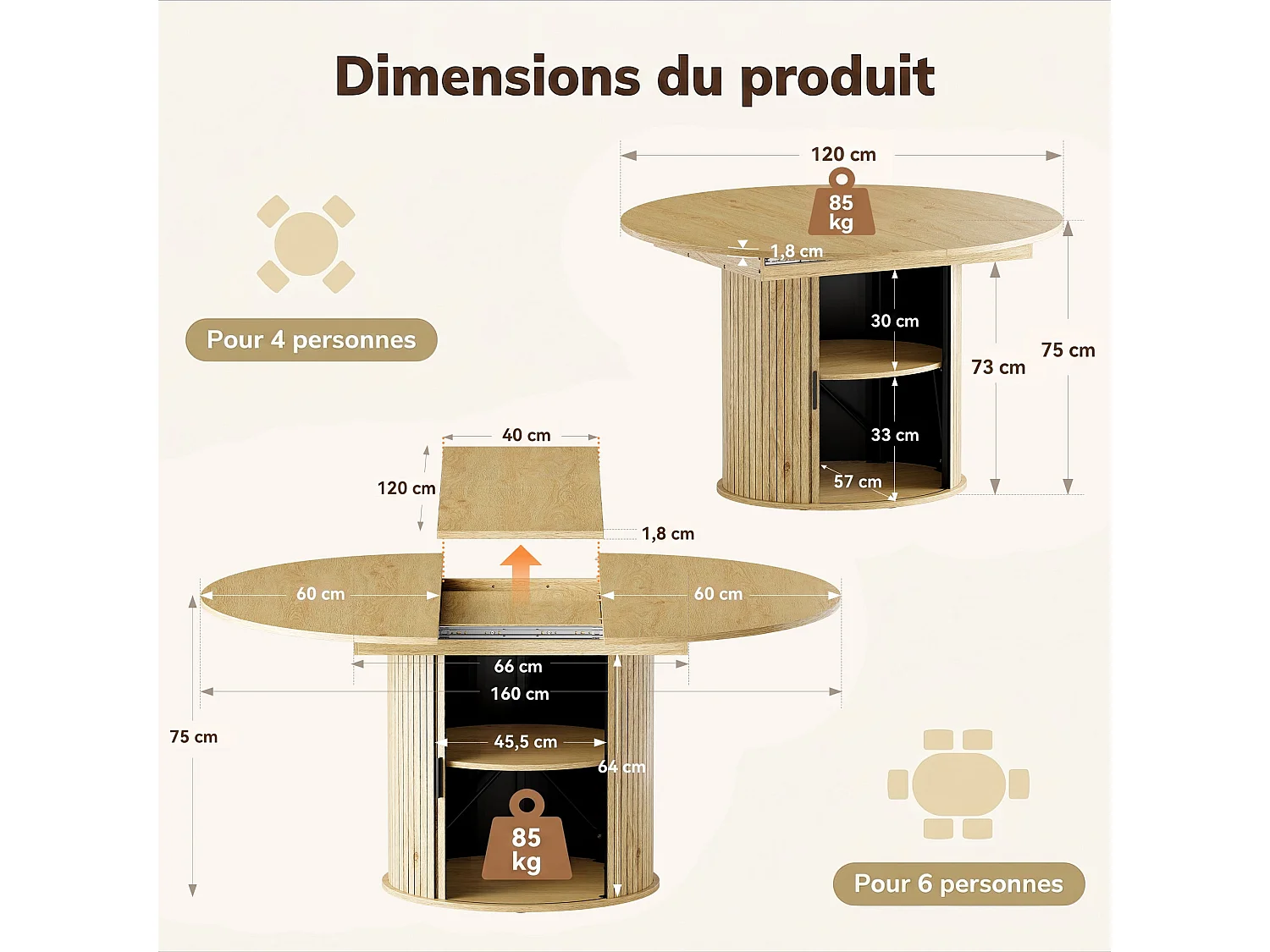 Table extensible pliable 6 places – Naturel clair | Espace de rangement, glissière fluide, plateau résistant à 100°C, piétement artistique