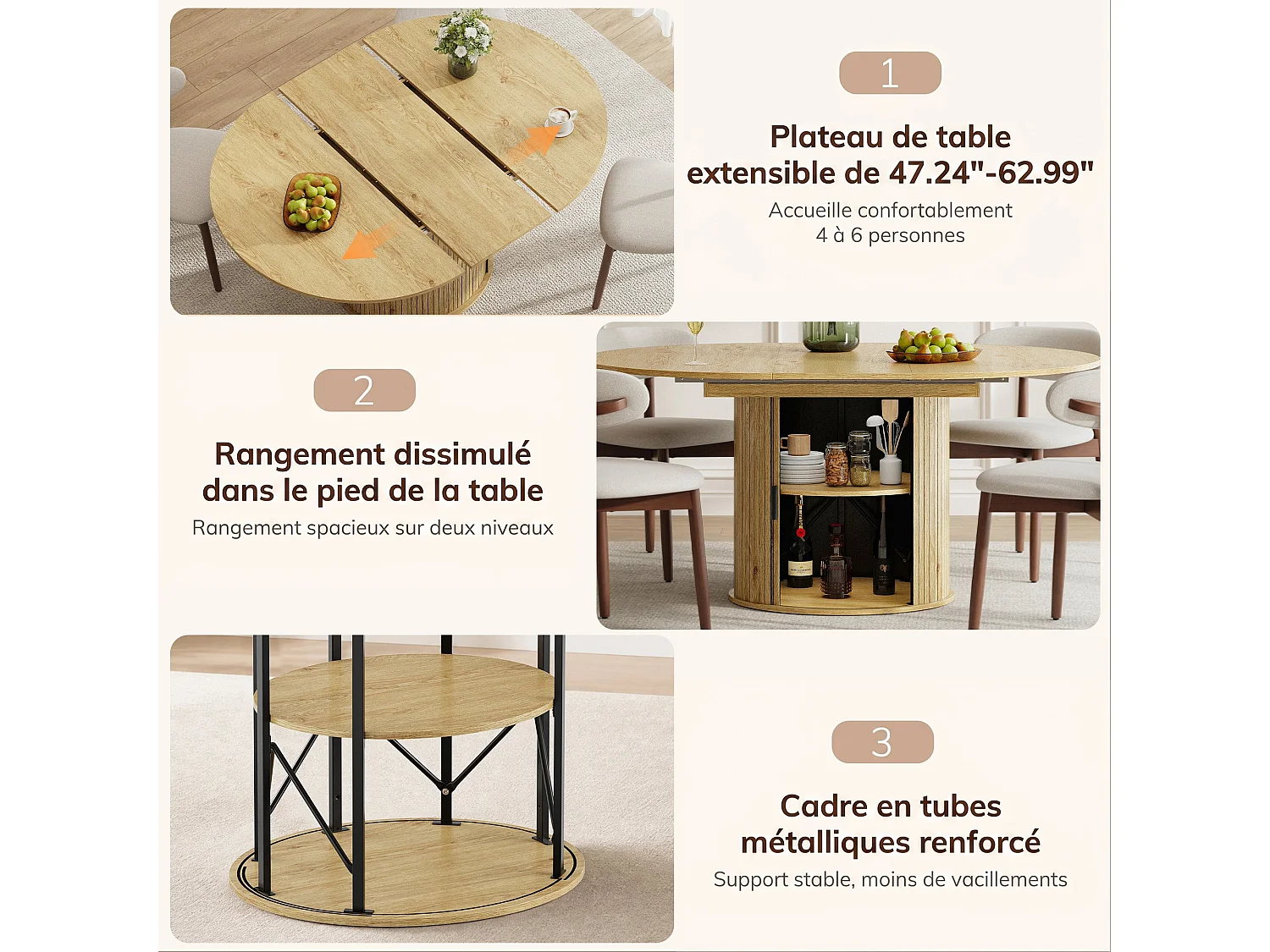 Table extensible pliable 6 places – Naturel clair | Espace de rangement, glissière fluide, plateau résistant à 100°C, piétement artistique