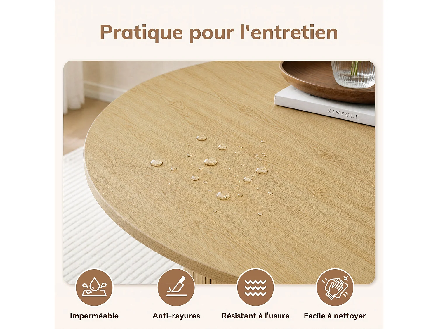 Table extensible pliable 6 places – Naturel clair | Espace de rangement, glissière fluide, plateau résistant à 100°C, piétement artistique